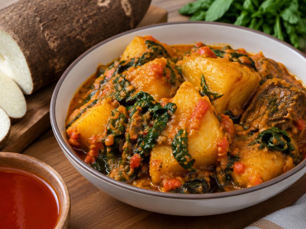 Nigerian yam porridge asaro with leafy greens and palm oil