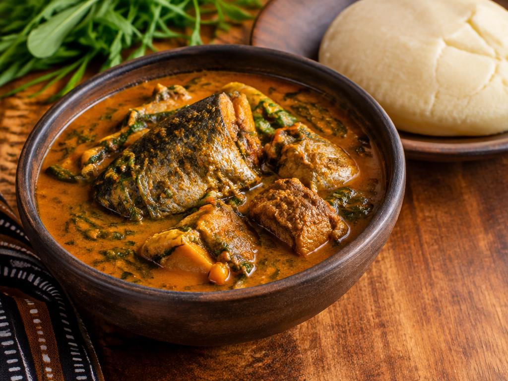 Nigerian banga soup with fish and meat, served with fufu