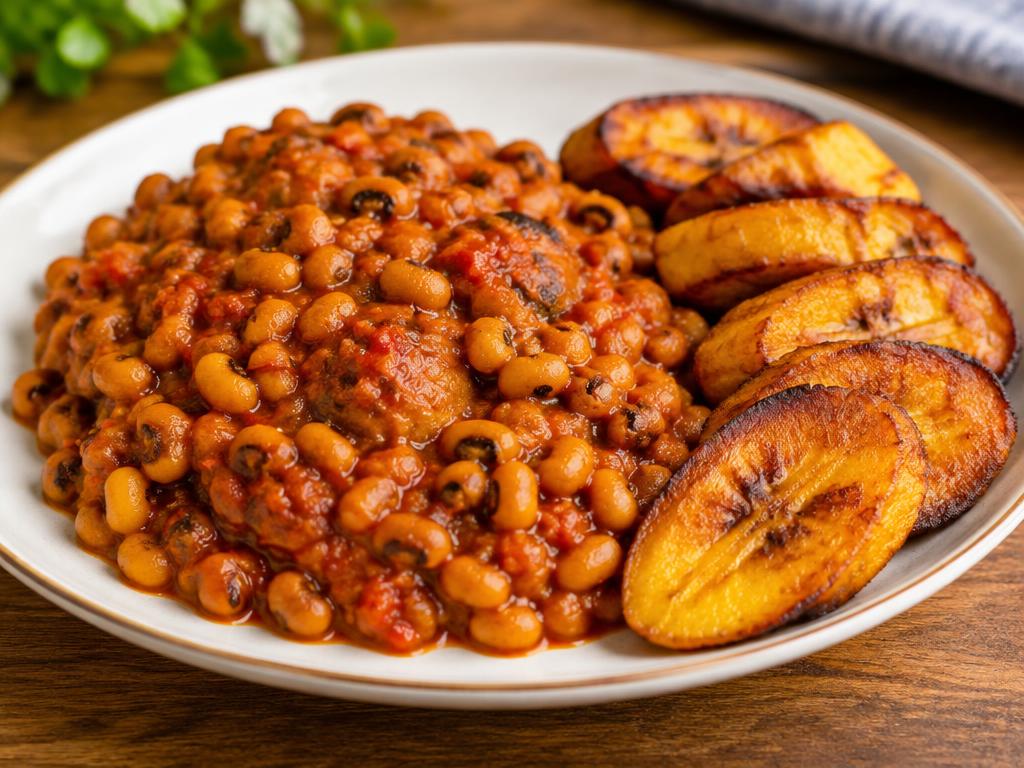 Nigerian beans porridge with fried ripe plantain