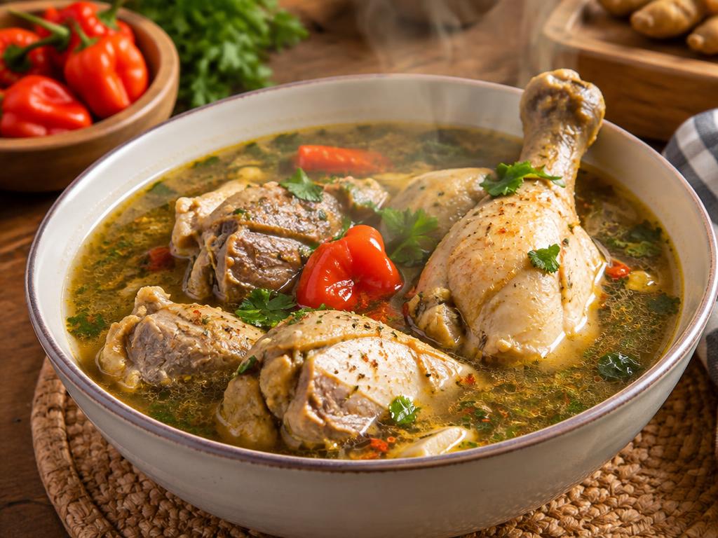 Nigerian chicken pepper soup with scotch bonnet and fresh herbs