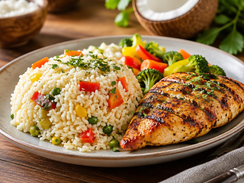 Coconut rice with peppers and grilled chicken
