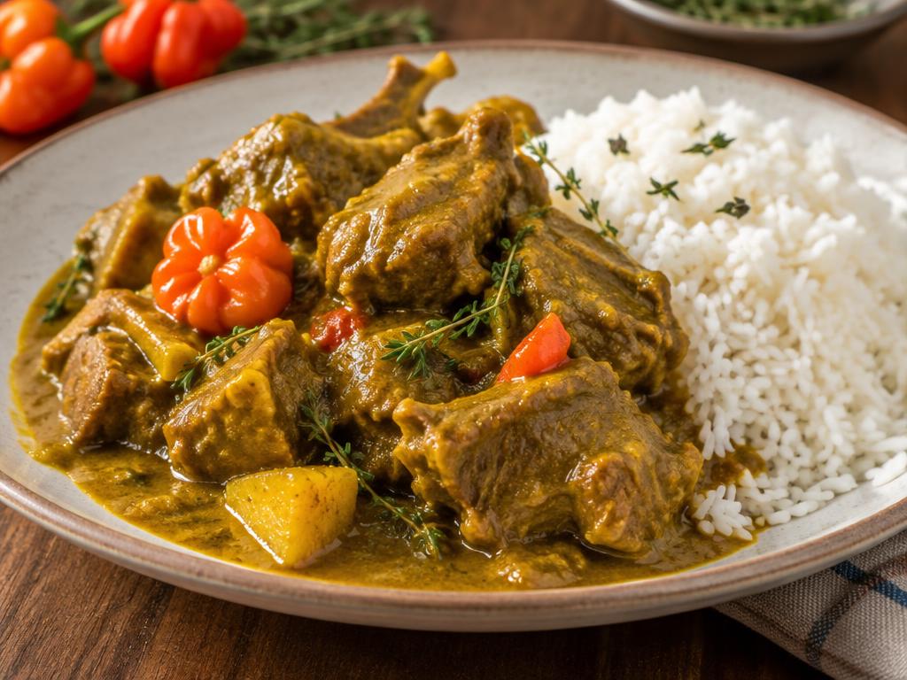 Caribbean curry goat with white rice, scotch bonnet and thyme