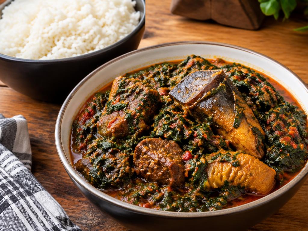 Nigerian efo riro spinach stew with assorted meat and smoked fish