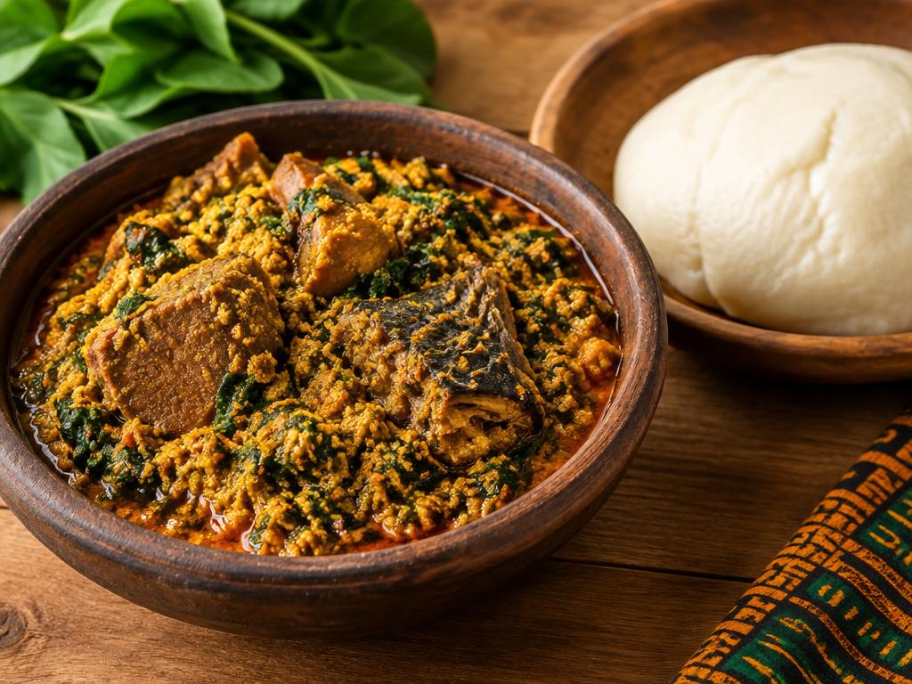 Nigerian egusi soup with beef and stockfish, served with pounded yam