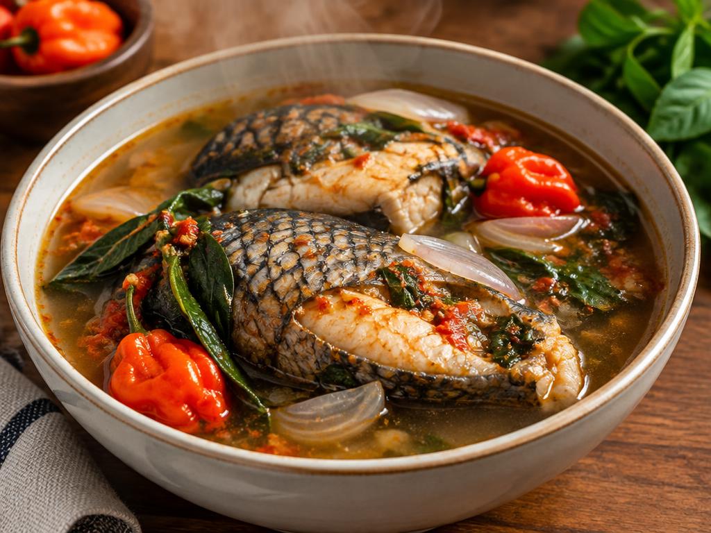 Nigerian fish pepper soup with intact tilapia steaks and scotch bonnet