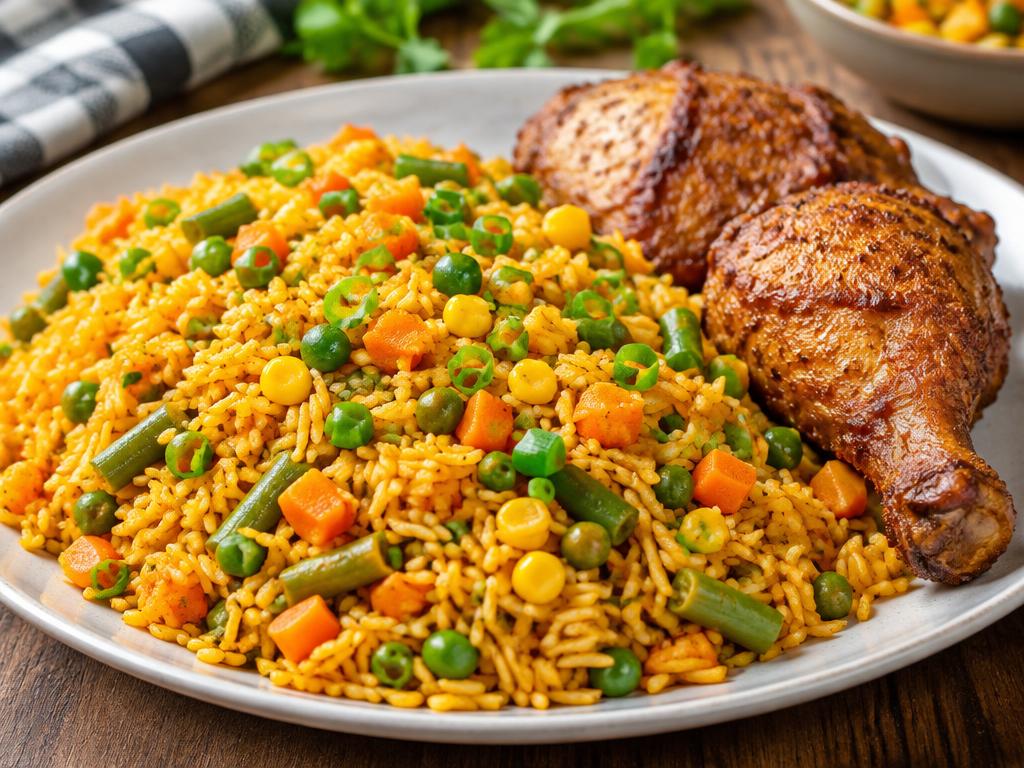 Nigerian fried rice with carrots, green beans, peas and sweetcorn, served with fried chicken