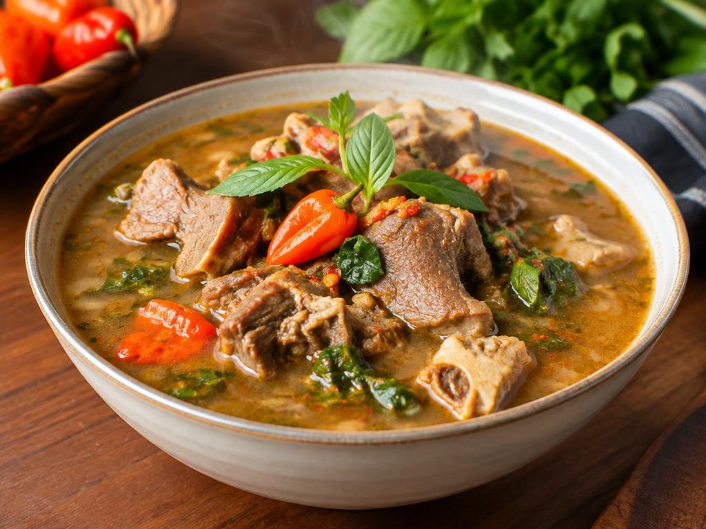 Nigerian goat meat pepper soup with scotch bonnet and scent leaf