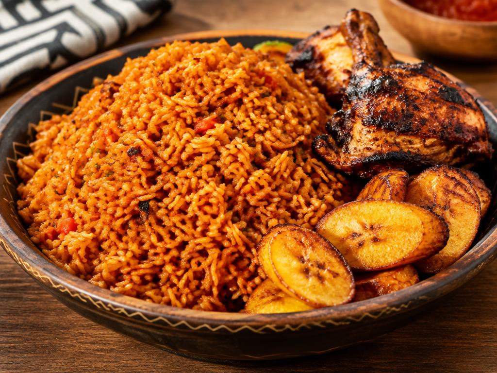 Nigerian party jollof rice with grilled chicken and fried plantain