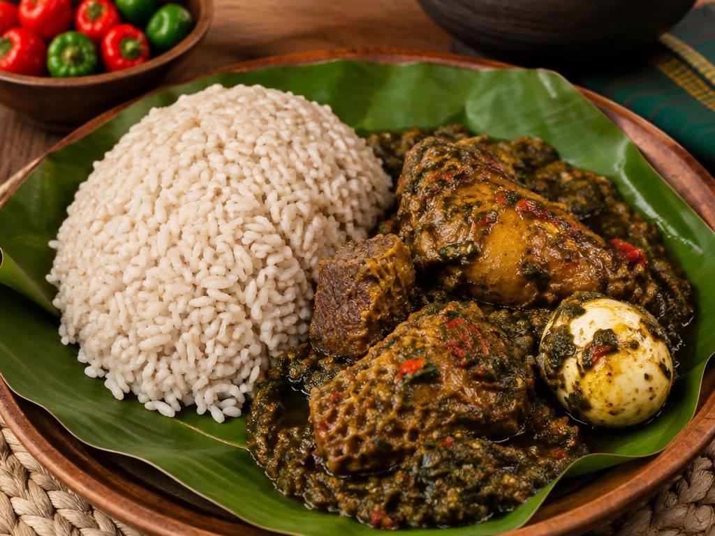 Ofada rice on a banana leaf with ayamase green pepper stew, assorted meat and boiled egg