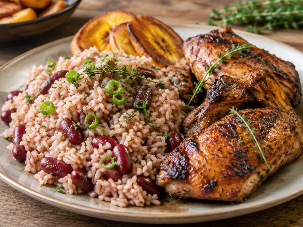 Caribbean rice and peas with kidney beans, served with jerk chicken and plantain