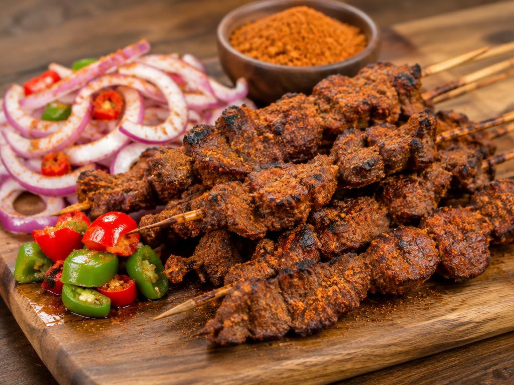 Nigerian suya beef skewers with groundnut spice coating, onions and peppers